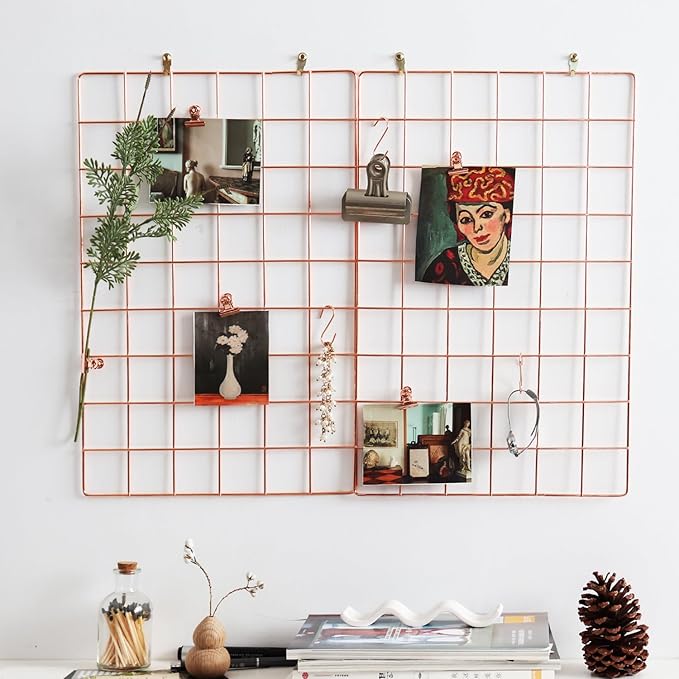 Metal Mesh Wall Grid Panel for Photo Display,Message Board,Size: 17.5" x 11.8",Pack of 2 (Rose Gold)