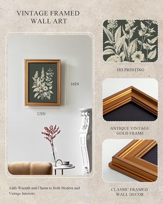 InSimSea Gold Framed Canvas Prints Wall Art, Vintage Floral Prints Decor, Floral Botanical Paintings Farmhouse Minimalist Wall Decor, Antique Pictures for Bedroom Living Room Shelf, 12x16inch