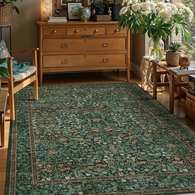 Rugxara 5x7 Area Rugs for Living Room Bedroom, Large Washable Rug, Green Vintage Floral Boho Rug, Non Slip & Low Pile Faux Wool Thin Carpet for Indoor Dining Room and Kids Room(Green 5x7ft)