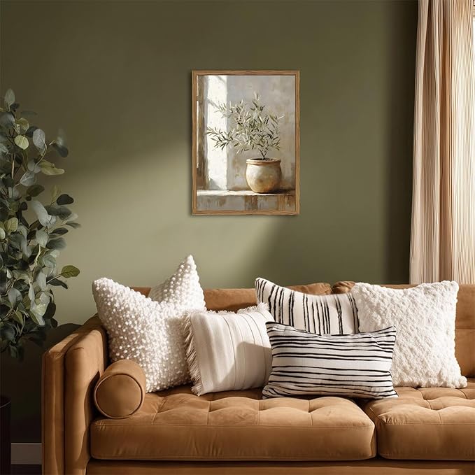 Framed Vintage Olive Tree Wall Art, Textured Sandstone Botanical Pictures Wall Decor, Rustic Neutral Potted Plant Paintings Prints Aesthetic Farmhouse Home Decor for Living Room Bedroom 12x16 inch