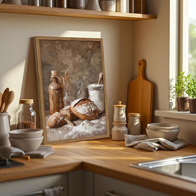 Framed Vintage Kitchen Wall Art, Rustic Bread and Flour Pictures Wall Decor Paintings, Farmhouse Food Poster Canvas Prints Country Home Decor for Dining Room Living Room Bakery 12x16 inch
