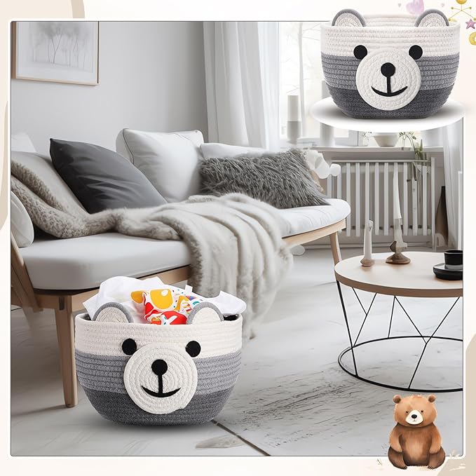 Zopeal Easter Bear Basket 13" D x 9.5" H for Nursery Cotton Rope Woven Bear Gift Empty Storage Basket with Handles Animal Hamper for Baby Shower Laundry Bathroom Home Decorative