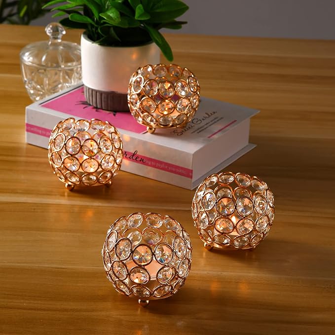VINCIGANT Gold Crystal Votive Candle Holders for Table Tenterpiece,Small Bowl/Ball Tealight Candle Lantern for Thanksgiving Wedding Table Decoration, (4pcs)