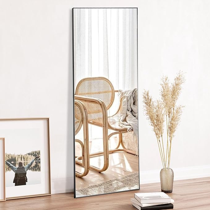 OLIXIS Black Full Length Mirror 60"x16" for Bedroom, Full Body Mirror with Stand, Hanging or Leaning for Wall, Aluminum Alloy Thin Frame Floor Standing for Living Room, Long