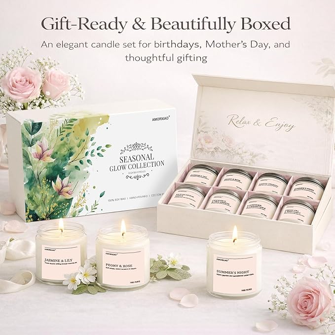 Scented Candles Gift Set, 8 Pack Soy Wax Candles for Home, Long Lasting Burn Floral Fresh Aromatherapy Scents for Women, Birthday, Holiday, Mothers Day