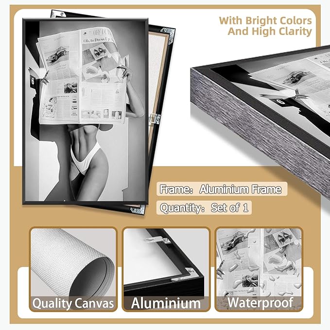 Sexy Glamorous Newspaper Reader Poster Feminist Hot Girls Canvas Wall Art Retro Black And White Room Aesthetic Women Prints Painting For Home Bedroom Dorm Wall Decor 8x12in Framed