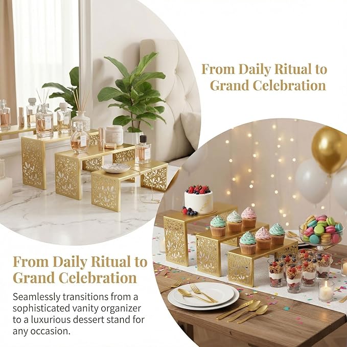 AIM & GGKK 3-Tier Gold Perfume Organizer Stand | Rustproof Metal Cologne Display Rack for Cluttered Vanity & Bathroom | Space-Saving Vertical Fragrance Holder & Elegant Cupcake Tower for Party Decor