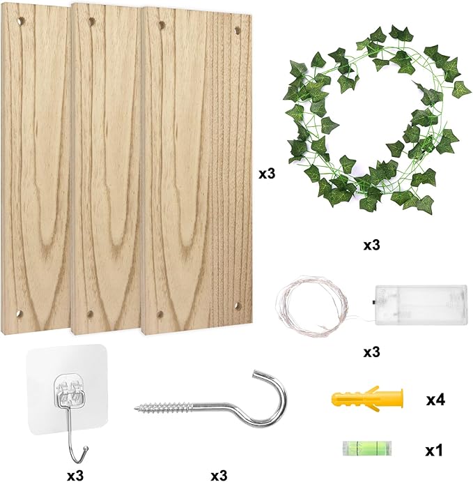 Fixwal Artificial Ivy LED-Strip Floating Shelves Set of 3, Macrame Hanging Shelves Plant Wall Decor, Rustic Boho Wood Wall Storage Shelves for Bedroom, Living Room, Bathroom Decor (Rustic Brown)
