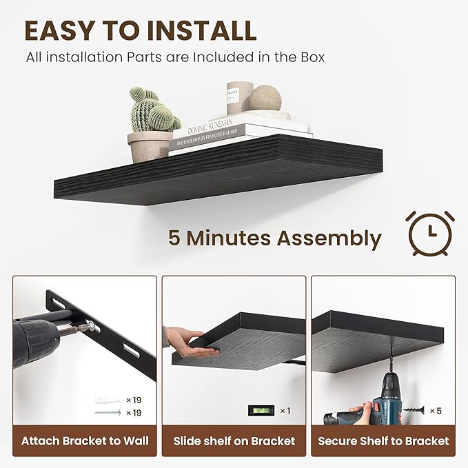 Acovy 55 Inch Floating Shelves, 12 Inch Deep Floating Shelves for Wall, Floating Shelf with Invisible Brackets, Deep Shelves for Bathroom, Bedroom, Living Room, 1 Pack, Black