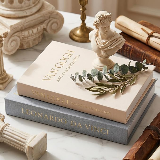 Aesthetic Decorative Books - Set of 2 Linen Boxes with Gold Lettering, Enhance Your Coffee Table, Bookshelf or Mantle Decor - Fake/Faux Books for Home Decoration, Photo & Keepsake Storage