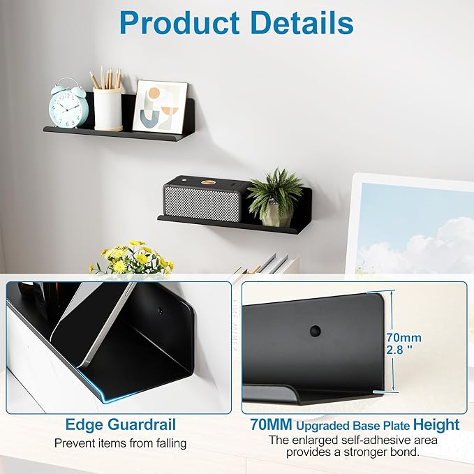 SAYAYO Black Floating Shelves for Wall Storage, 12 Inch Screw or Self Adhesive Wall Shelves for Bedroom Decor, Small Display Bathroom Shelf Organizer for Kitchen, Living Room, Office, 2pcs