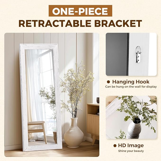 Full Length Mirror 58"x22" - Beveled Edge Rustic White Dressing Mirror, Solid Wood Frame, Wall Mounted or Leaning for Bedroom, Entryway, Living Room