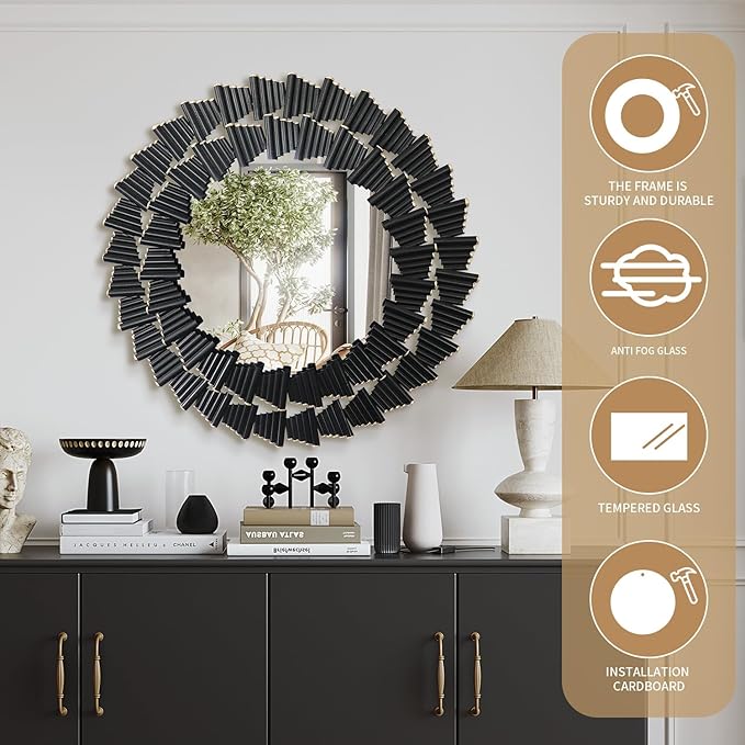 Wall Mirror Decorative, Black Mirrors for Wall Decor, Round Metal Wall Art Mirror, Large Wall Mirrors for Living Room,Bedroom, Bathroom, Entryway, 28 Inch
