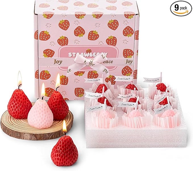 Strawberry Candle Gifts for Women 9pcs,Strawberry Decorative Soy Aromatherapy Candles for Home Scented Decoration, Cute Candle Set for Birthday Gifts Christmas Gift for Christian Friends