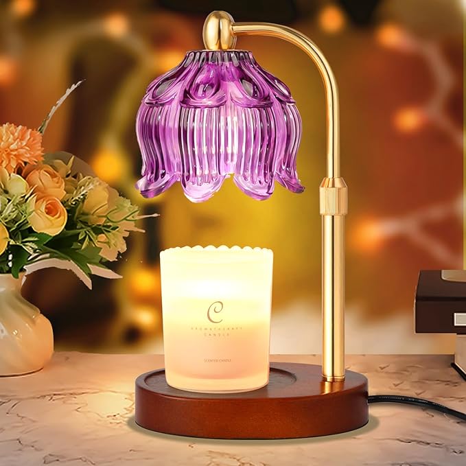 Adjustable Flower Candle Warmer Lamp with Timer, Lotus Tulip Glass Warmer Light for Jar Candles, Electric Wax Warming Melter, Gifts for Women Mom, Vintage Bedroom Decor