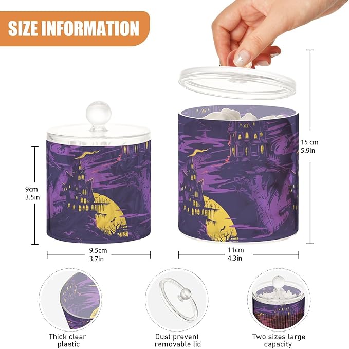 Haunted House on Haunted Hill Purple Clear Plastic Makeup Organizer Storage with lid Bathroom Essentials Decorative Dental floss storage jar for Cotton Swabs,Cotton Pads,Floss Picks,Paper