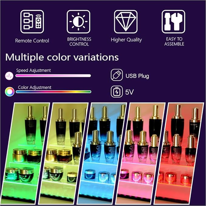 YMVV 15.7 IN Clear Acrylic Display Riser Shelf with LED light,3 Tier Display Step Shelves Holder, Perfume Cologne Organizer Holder,Pops Toys Figures, Clear Cupcake Riser, Dessert Shelf ,2 Pack