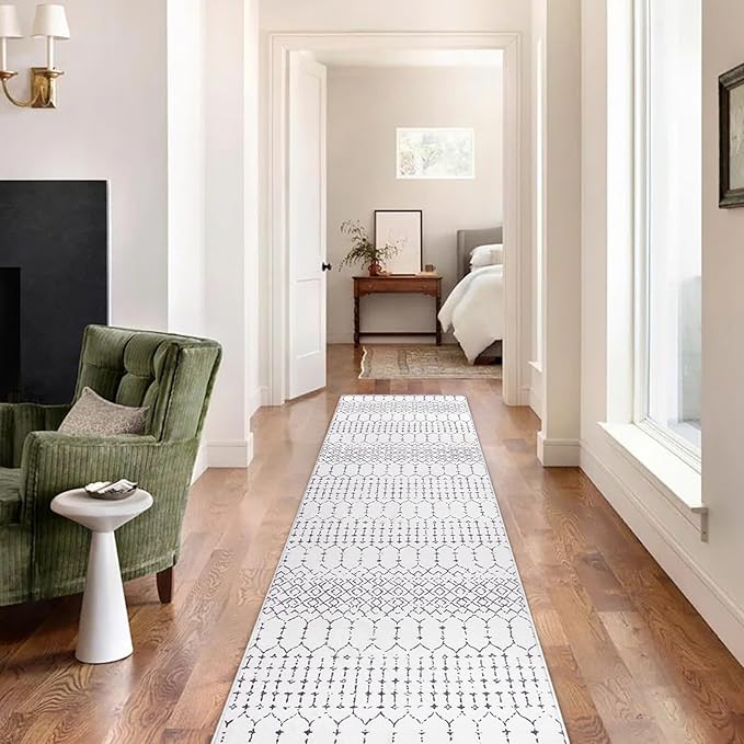 Lahome Moroccan Small Runner Rug 2x5 Rug Runner Non-Slip Washable Rug Runner Throw Lightweight Hallway Rugs Indoor Laundry Room, Geometric Print Carpet Runners for Bedroom Kitchen Hana (White, 2'x5')