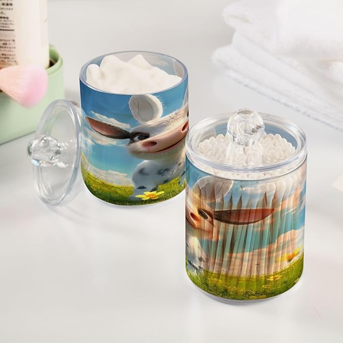 Nander 2Pack Cute Cow Qtip Holder Dispenser -Clear Plastic Apothecary Jars Set - Restroom Bathroom Makeup Organizers Containers for Cotton Swab, Ball, Pads, Floss