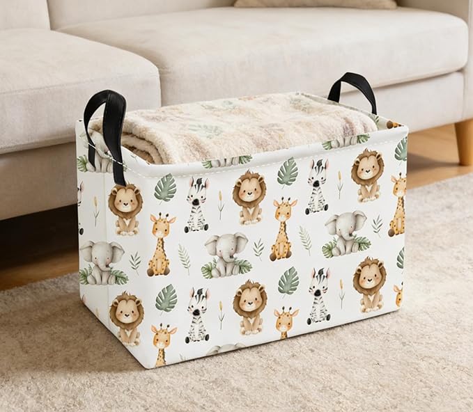 Essme Rectangular Animal Baskets,Kids Storage Box,Cute Basket for Kids with Handles for Room Decor, Book Bins,Shelf Basket.(Leaf Animals)