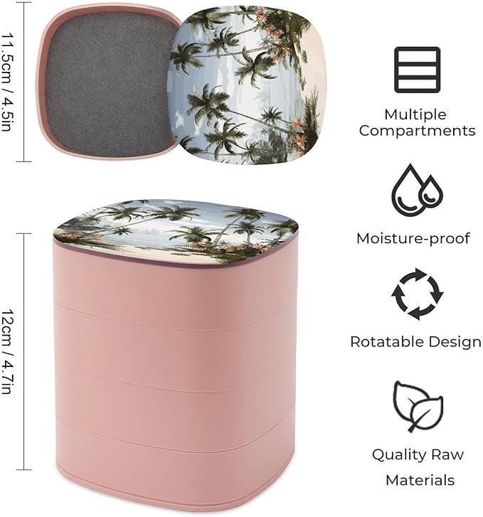 Tropical Palm Trees Jewelry Box 360°Rotating Storage Boxes Small Travel Earring Organizer with 4-Layers Rotatable Jewelry Storage Organizer for Ring Necklaces Makeup