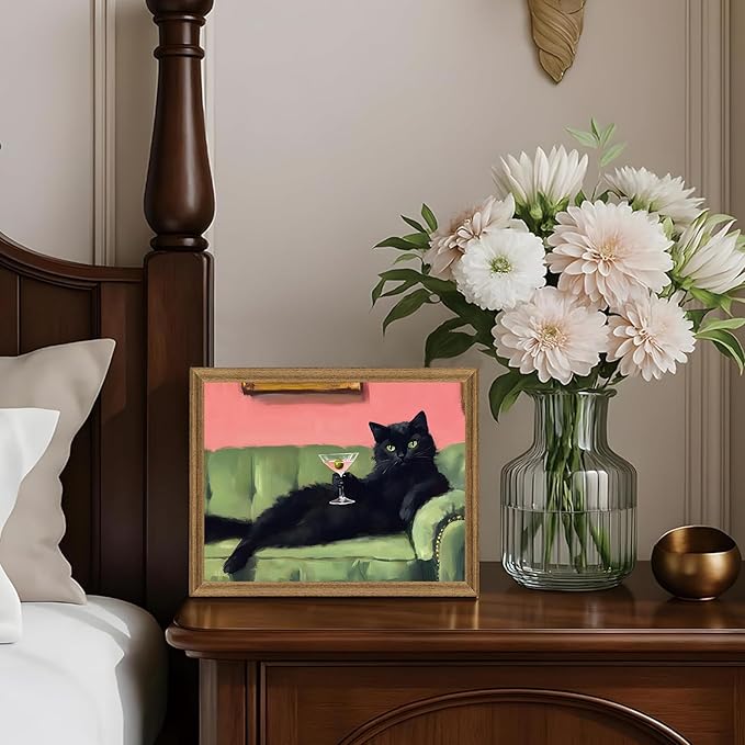 Fantasy Artists Humorous Black Cat Character Wall Art – Relaxed Anthropomorphic Illustration with Playful Attitude, Framed Canvas for Living Room, Office or Creative Space, 8W X 10H