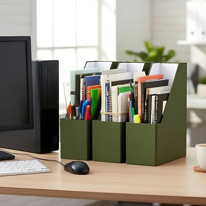 Gueevin Set of 6 Magazine File Holder Stylish Sturdy Cardboard File Boxes Desk Magazine Organizer Rack with Gold Label Holder to Organize Your Desk or Shelves for Home Classroom Office Library(Green)