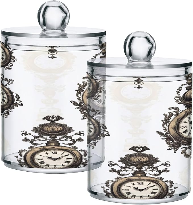 Nander 2Pack Clock Qtip Holder Dispenser -Clear Plastic Apothecary Jars Set - Restroom Bathroom Makeup Organizers Containers for Cotton Swab, Ball, Pads, Floss