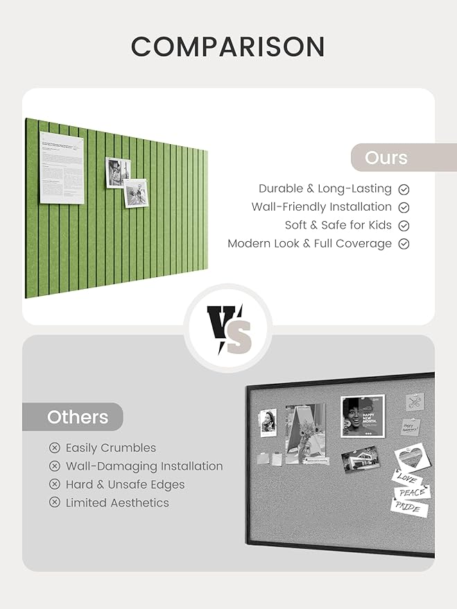 Bumusty Large Cork Board Alternative-36 x 24" Felt Bulletin Board Tiles, with 30 Pushpins, 40 Adhesive Tabs, Fine-Stripe 6-Pack, Cork Boards for Office Push Pin Board Felt Board-Kelly Green