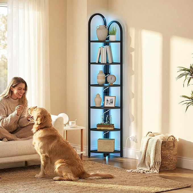 MAHANCRIS 6 Tier Corner Shelf with LED Light, 74.6'' Tall Corner Bookshelf Stand, Narrow Display Bookcase with Storage Rack for Wall Corner, Living Room, Bedroom, Small Spaces, Black CSBK66101