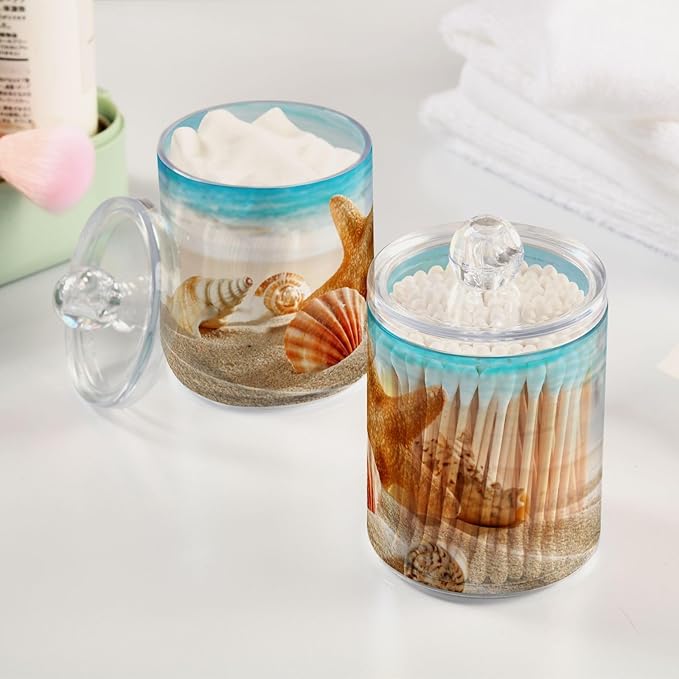 ALAZA 2 Pack Qtip Holder Dispenser for Cotton Ball Beach Starfish Ocean 2 Cotton Swab Round Pads Clear Plastic Acrylic Jar Set Bathroom Canister