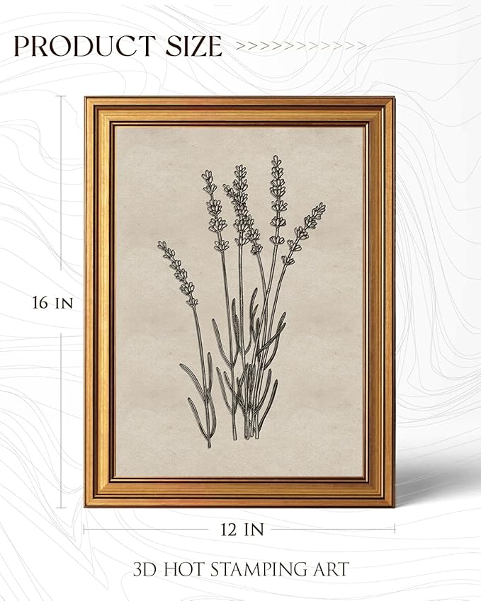 InSimSea Gold Framed Canvas Prints Textured Wall Art, 3D Embossed Vintage Decor, Minimalist Lavender Botanical Aesthetic Paintings, Wall Decor for Bedroom Living Room Bathroom Shelf, 12x16inch