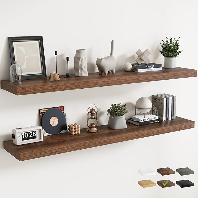 72 Inch Floating Shelves for Wall with Invisible Brackets Set of 2, 12"D Engineered Wood Wall Shelves with Wood Grain for Living Room, Bedroom, Bathroom, Kitchen Decor and Storage, Walnut Finish