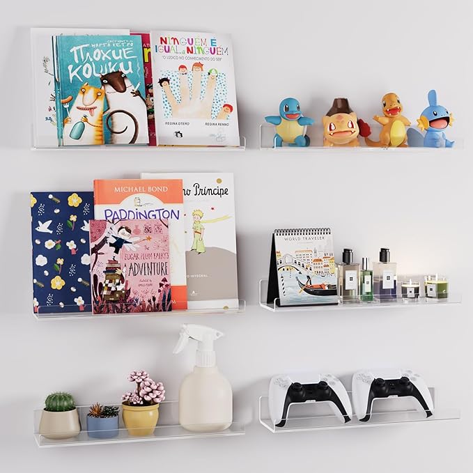 Albumgit 6 Pack Acrylic Shelves for Wall Storage, Self-Adhesive 15" Clear Floating Shelf for Figures, Photo, Makeup, Book, Wall Mounted Shelves for Bathroom, Living Room, Bedroom, Kitchen