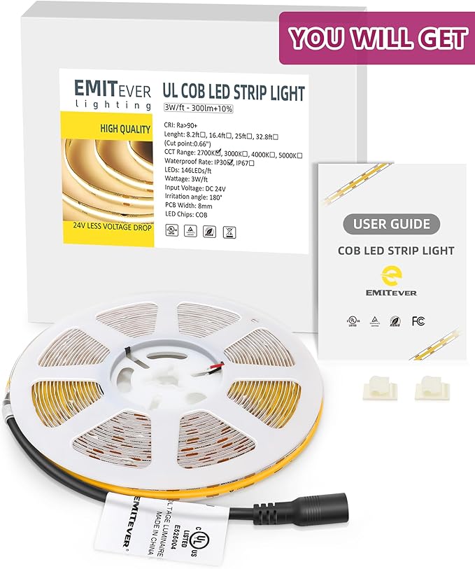 EMITEVER COB LED Strip Lights Warm White, 24V 2700K Tape Light Premium High Density 25ft, 300+Lumens/ft, 3600LEDs/Spool, Ra 90+, 3W/ft, UL Listed 5 Year Warranty (Power Supply Sold Separately)