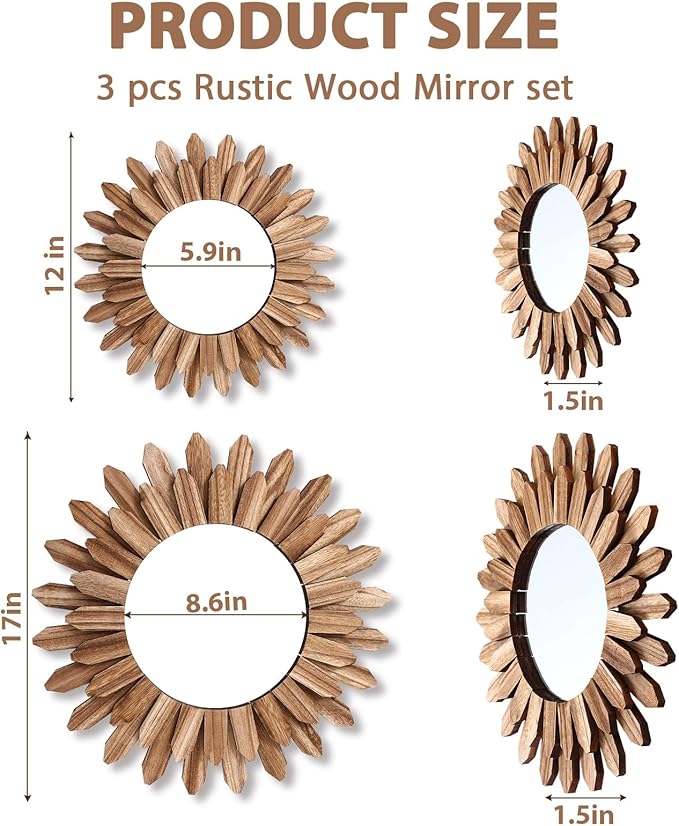 3 Pcs Boho Wall Decor Round Sunburst Mirror Boho Circle Mirror with Rustic Wood Frame Decorative Hanging Wall Art for Farmhouse Home Decor,17 Inch and 12 Inch(Wood Color)