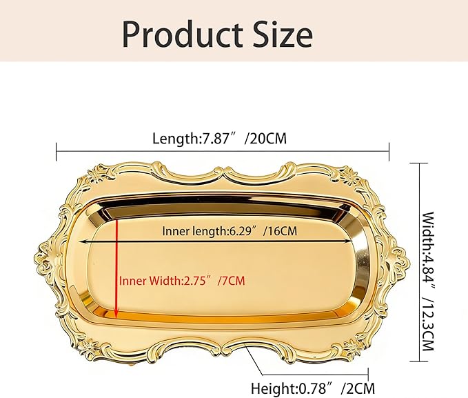 Gold Decorative Tray Vintage Perfume and Makeup Organizer, 7.87” x 4.84” Jewelry Organizer Bathroom Trays Jewelry Display,Vintage Carving Decor Home (Rectangle-Gold)