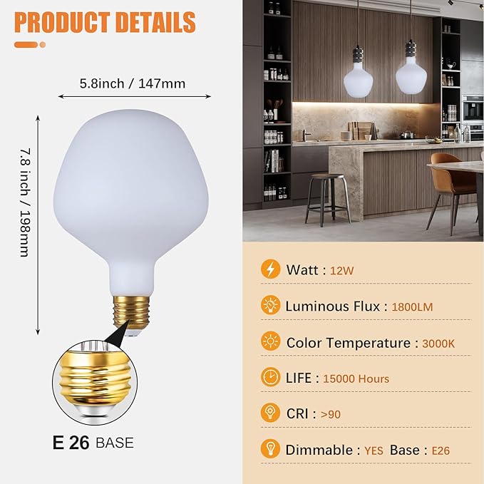 SD LUX Oversized Decorative LED Light Bulbs 12W 1800LM (Eqi. 150W) Dimmable Vintage Edison Bulbs E26 Large Globe Bulb Milky Glass for Home Office,Warm White, 1 Pack (Warm White (3000K), VA132WT)