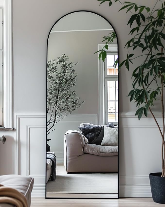 Full Length Mirror, 58"x18" Arched Floor Mirror Freestanding, Floor Standing Full Body Mirror with Stand for Bedroom, Hanging Mounted for Living Room Cloakroom, Black