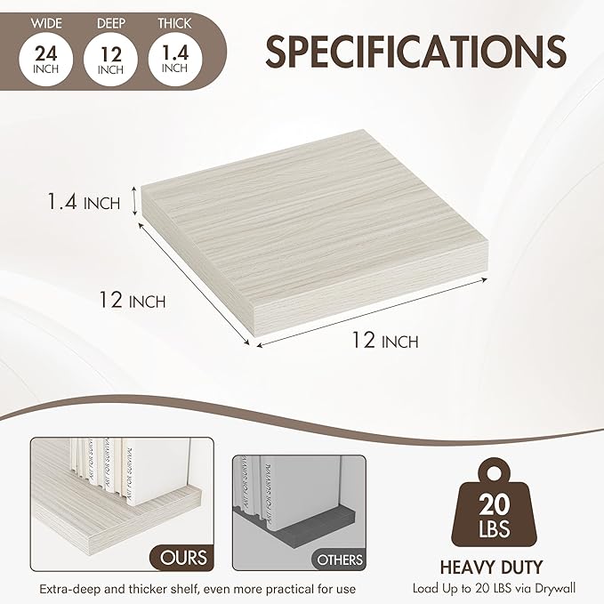 Acovy 12 Inch Floating Shelves, 12" Deep Floating Shelf Wall Mounted, 12" Wall Shelves, Rustic Deep Bookshelf, Extra Deeper Display Shelves & Storage Shelves for Bedroom, Living Room, Set of 3