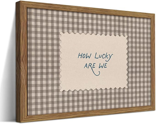 How Lucky Are We Wall Art, Vintage Gingham Inspirational Canvas Wall Decor Painting, Funky Preppy Stripe Quotes Poster Print Picture for Bedroom Dorm Apartment Decor 16x24 Inch Framed