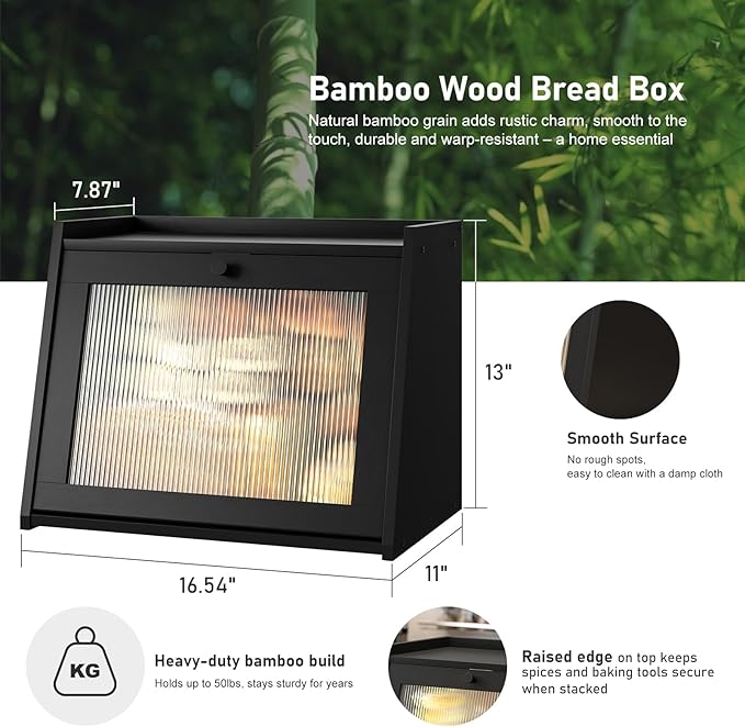 kiplant Large Bread Box for Kitchen Counter, Black Bamboo Bread Storage Container with Wavy Arcylic Transparent Door, Bamboo Wooden Farmhouse Bread Box for Your House