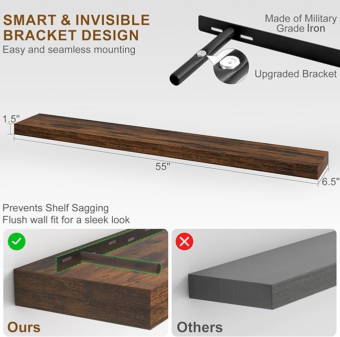 Fun Memories Floating Shelves for Wall, 55Inch Floating Shelves Set of 2, Hanging Shelf with Invisible Brackets, Wood Shelves for Living Room, Bedroom, Kitchen, Brown