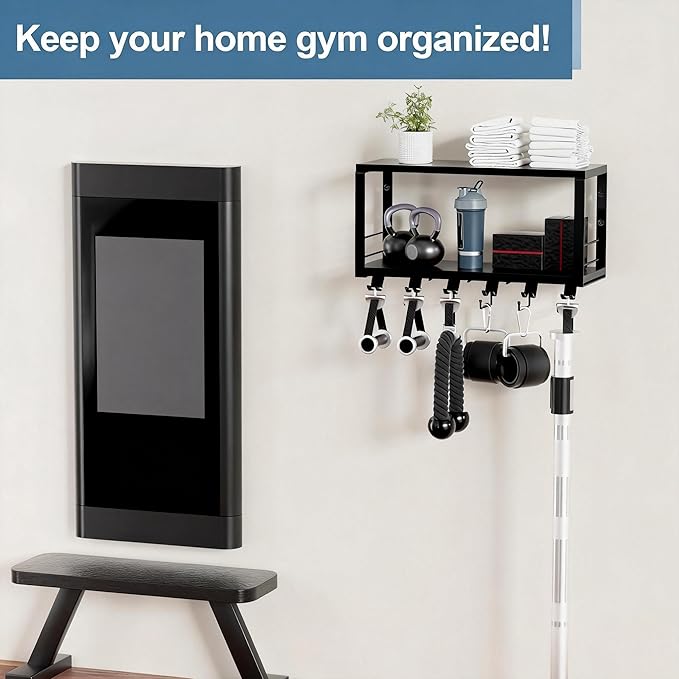 TJ.MOREE 2 Tier Floating Shelf Compatible with Tonal Accessories, T-Bracket Lock Adapters Hanger, Wall Mount Home Gym Storage Rack for Fitness Equipment（Black