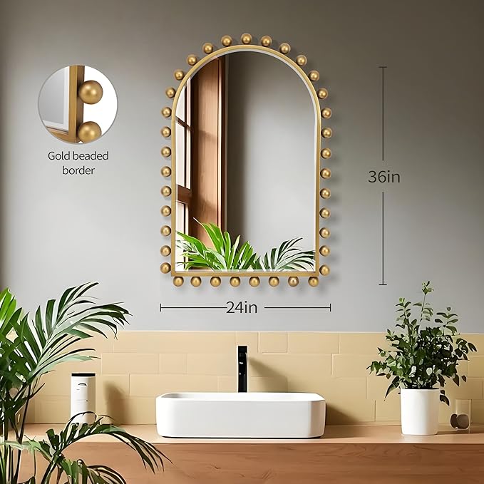 24x36 Inch Arched Wall Mirror with Antique Gold Ball Frame, Beveled Arched Decorative Wall Mirror, Vintage Gold Accent Mirror for Living Room, Entryway, Bedroom, Hallway & Over Console Decor