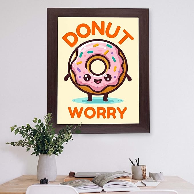 InkFlow Posters Donut Worry Poster - Smiling Donut Illustration - Playful Food Art Design - Kids Bedroom Kitchen Playroom Decor - Cheerful Cartoon Style Print - 8x10 Unframed Canvas Print