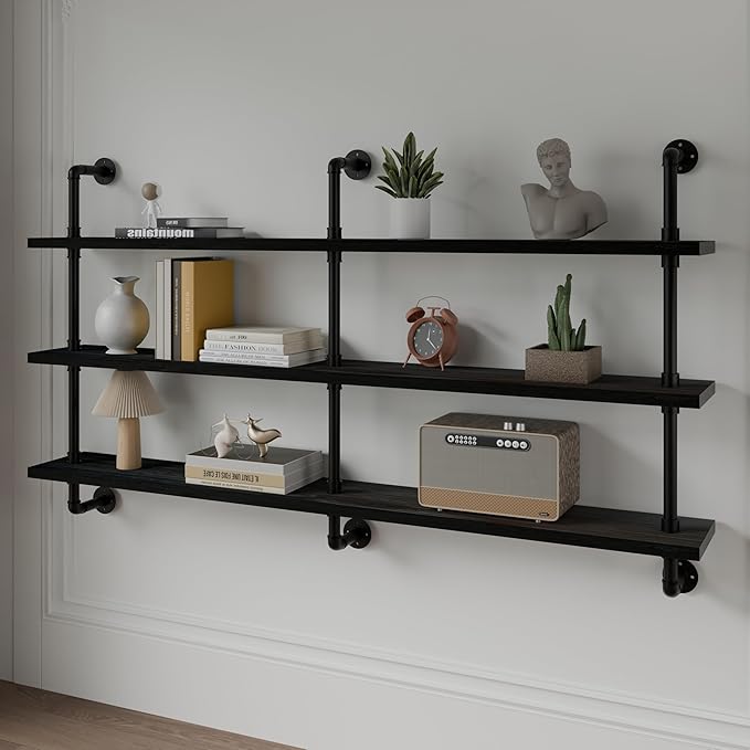 HDDFER Industrial Pipe Shelving Rustic Black Pipe Wall Shelves Industrial Shelves with Wood Planks Floating Shelves 60 Inch Farmhouse Bathroom,Kitchen Shelving Wall Mounted