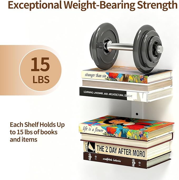 Invisible Floating Bookshelves 4 Tier, Heavy Duty Metal Book Organizer for Wall, 2 Pack (White)