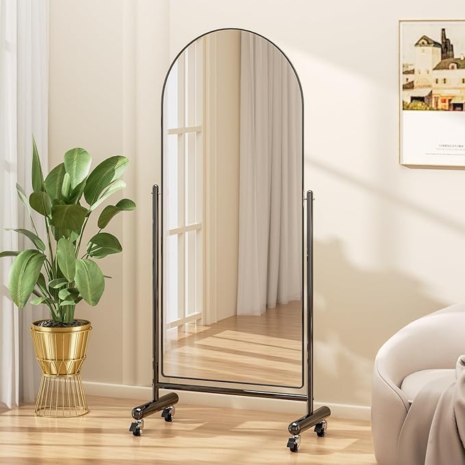Large Arched Full Length Mirror on Wheels, Rolling Tilting Swivel Floor Mirror 65" x 23.6" with Tempered Glass and Metal Frame, Modern Dressing Mirror Body Mirror, Home Decor, Black