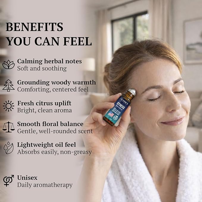 Stress Relief Essential Oil Roll On – Calming Essential Oils Blend for Relaxation & Wellness Rituals - Aromatherapy Roller, Destress Gifts for Women & Men by Fiora Naturals